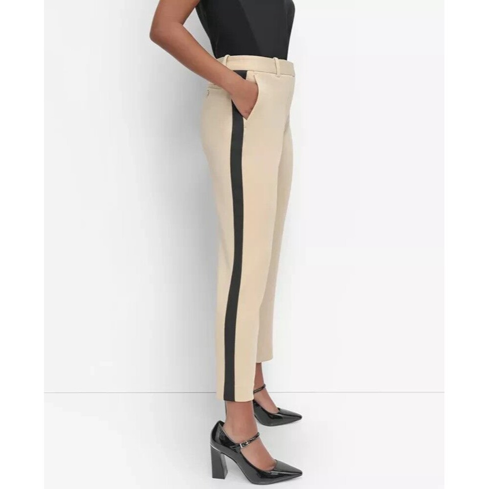 DKNY Women's Soft Hand Scuba Ankle Dressy Pants Sides Stripes Beige Black Size 0 - Picture 2 of 11